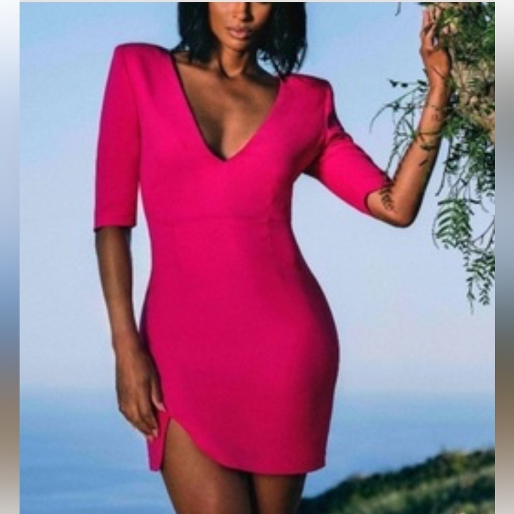 LITA BY CIARA PINK MINI DRESS DEEP V- NECK FORMAL WEDDING PARTY 3/4 SLEEVES SZ M